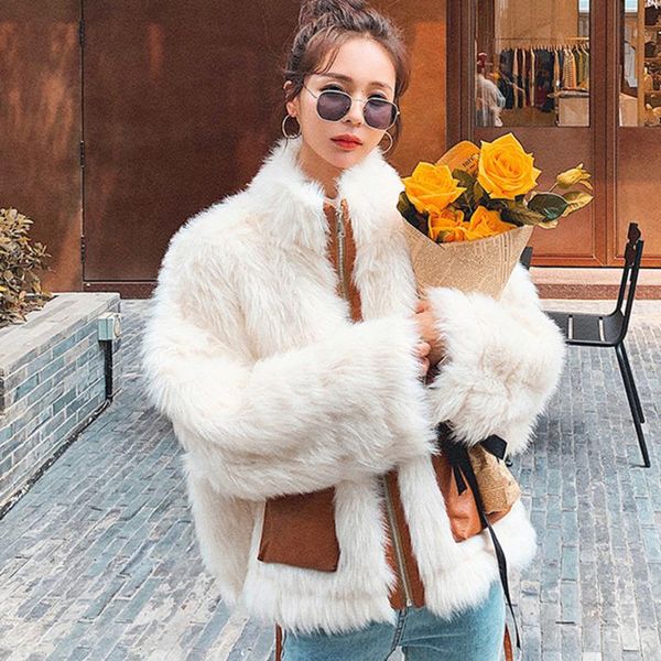 

women's fur & faux [ewq] korea chic women coat female short thickened plush winter lamb wool pockets spliced zipper long sleeve jacket, Black
