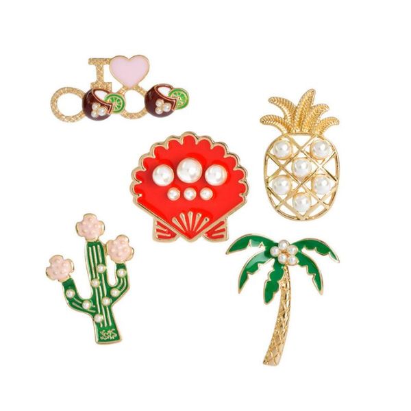

pins, brooches coconut tree pineapple brooch for women creative pearl badge shell cactus pumpkin carriage fashion jewelry gifts, Gray