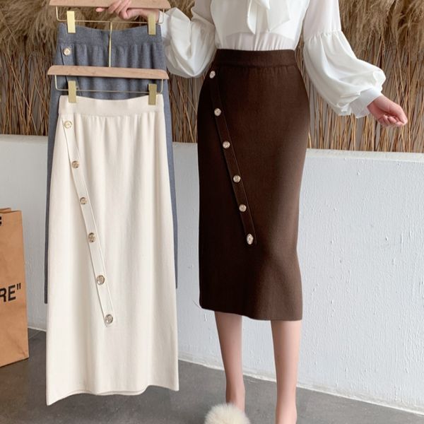 

skirts autumn arrival buttons maxi knitted long for women slim high waist ladies back slit 8qo1, Black