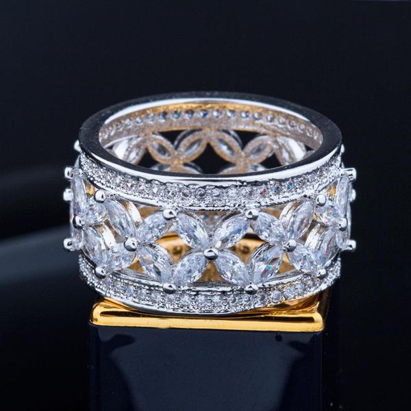 

cluster rings gorgeous white stone luxury women exaggerated ring sparkly cubic zirconia s925 sterling silver banquet jewelry, Golden;silver