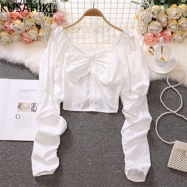 

women's blouses & shirts kusahiki sweet bowknot square collar women blouse korean shirring puff sleeve blusas femme 2021 autumn short 6, White