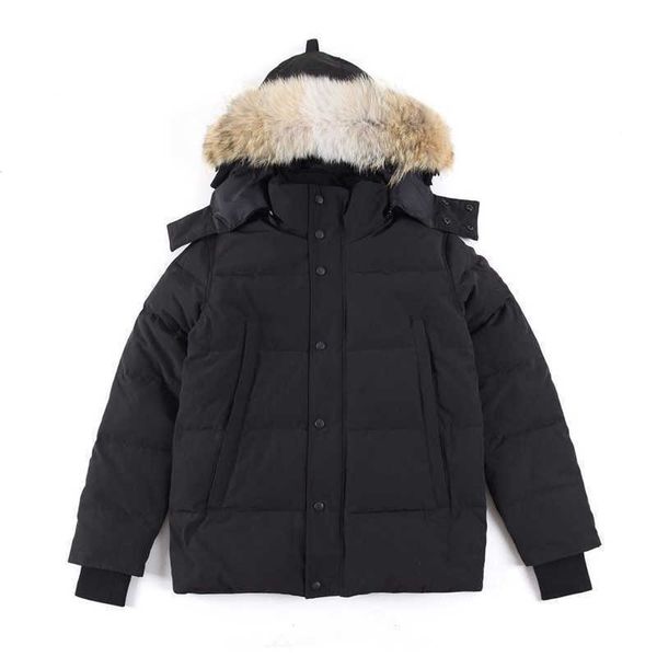 

winter jacket men big real wolf fur hooded white down coats warm parka windbreaker outerwear jackets long sleeves thick designer parker coat, Black
