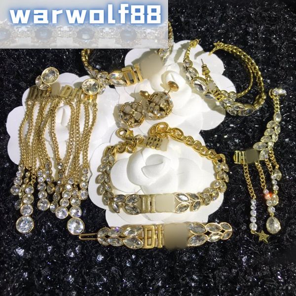 

earrings classic quality design letter high wheat women's net red belt drill tassel ear clip bracelet set, Golden