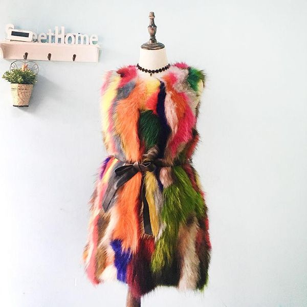 

women's fur & faux 2021 women winter real raccoon long vest female genuine patchwork waistcoat ladies o-neck sleeveless jackets u682, Black