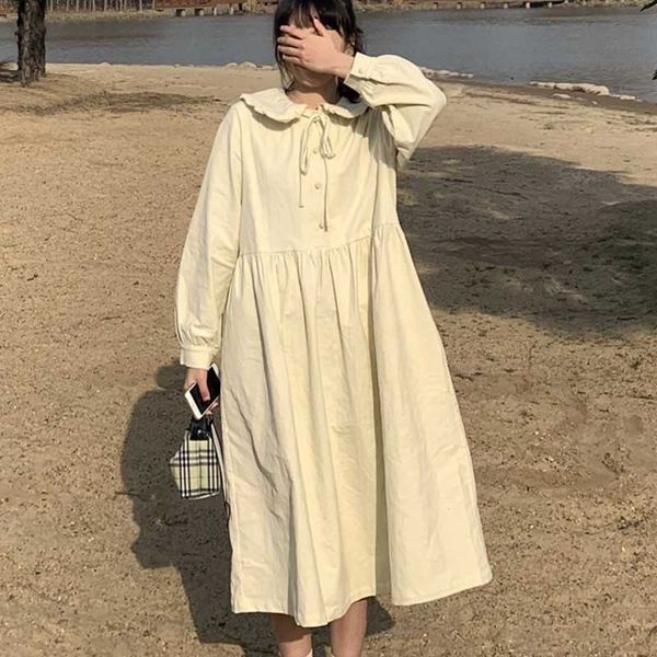 

fashion autumn lapel neck long shirt dres sleeve buttons cotton sundress casual loose work ol vestid 210601, Black;gray