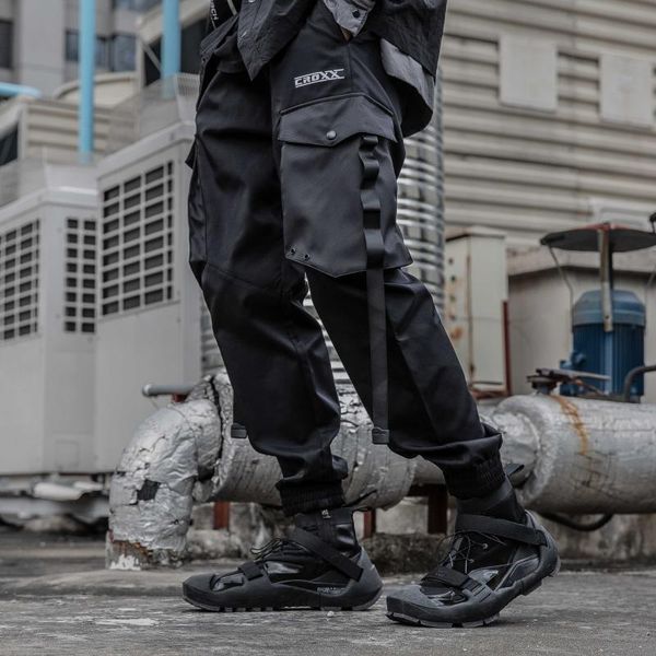 

men's pants functional tactical cargo joggers men trousers hip hop streetwear ribbons multi-pocket black wb190