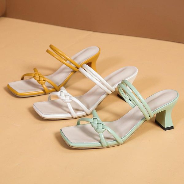 

slippers female shoes square heel women summer low luxury slides heeled mules 2021 block designer high pu basic rome rubber fabr, Black
