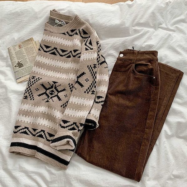 

women vintage printed swaeters autumn winter loose oversize pullover woman korean knitted sweater 210602, White;black