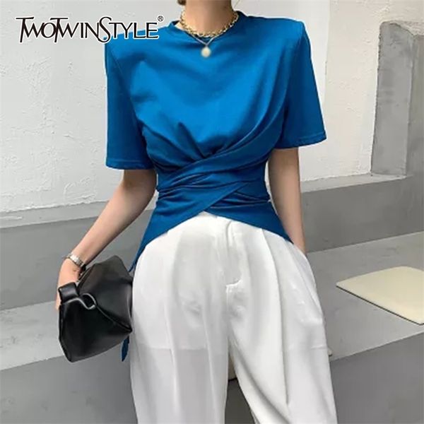 

twotyle casual ruched irregular t shirt for women o neck short sleeve solid t shirts females summer fashion stylish 210722, White