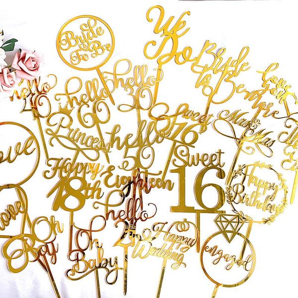 

1pc birthday cake er decorations happy acrylic gold flag cupcake decor other festive & party supplies