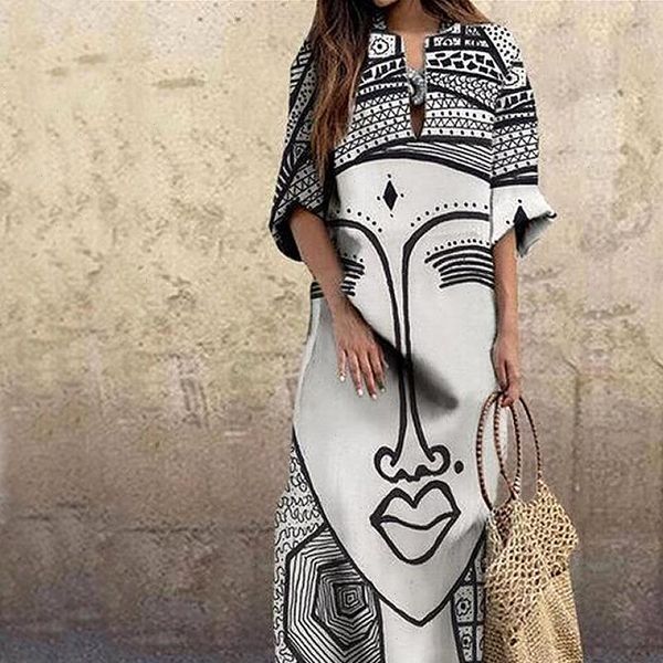

women dress fashion vintage portrait print abstract face high waist dresses beach party autumn elegant loose female, Black;gray