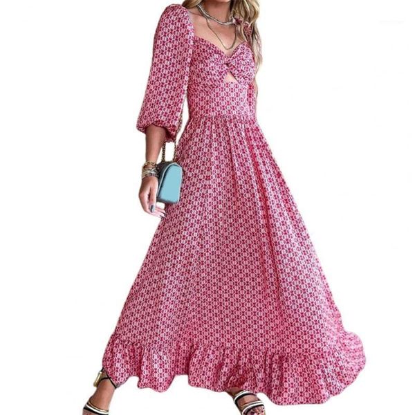 

casual dresses ladies dress ethnic printing wide hem hollow out lantern sleeve red for party drop wholesale, Black;gray