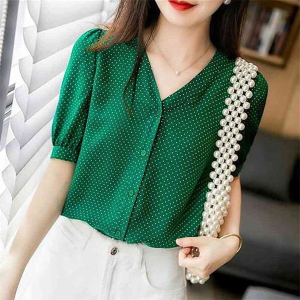 

women spring summer style chiffon blouses shirts lady casual short sleeve v-neck polka dot printed blusas zz0715 210401, White