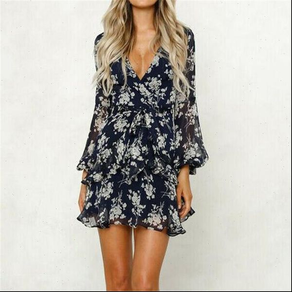 

boho floral v neck women dress long sleeves ruffles beach sundress female spring summer evening party short a line, Black;gray