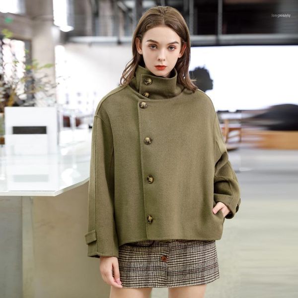 

women's wool & blends green color turtleneck double breasted side cashmere blend coat wonter jacket for women office ladies1, Black