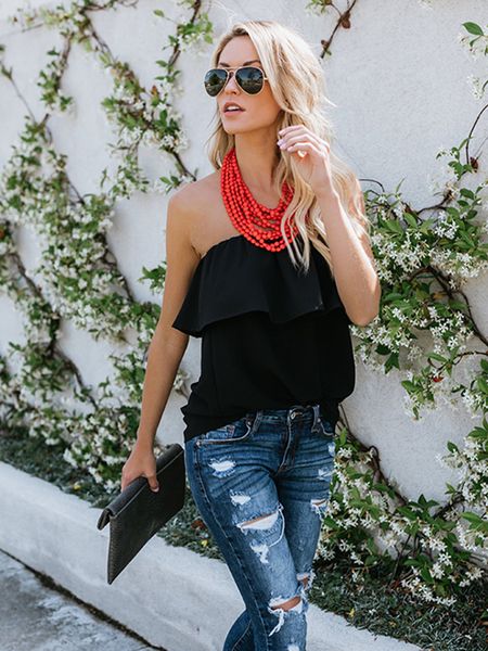 

summer female blouse sleeveless strapless women solid candy color chiffon shirt loose word tube clothing xfs5, White