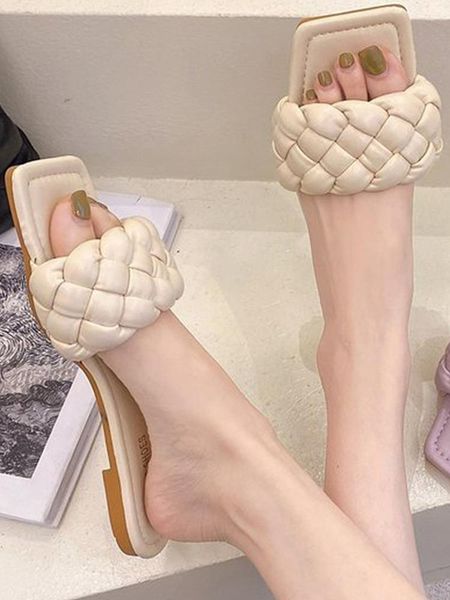 

slippers solid color open square toe flat sandals women woven wear sweet and fashionable comfortable outside, Black