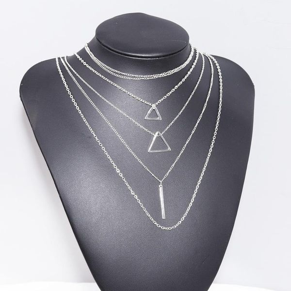 

pendant necklaces european and american ladies jewelry fashion hollow triangle long chain multi-layer necklace girls woman, Silver