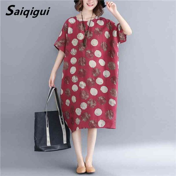 

saiqigui plus size spring summer dress women short sleeve vintage dot printe cotton linen dress vestidos de festa 210421, Black;gray