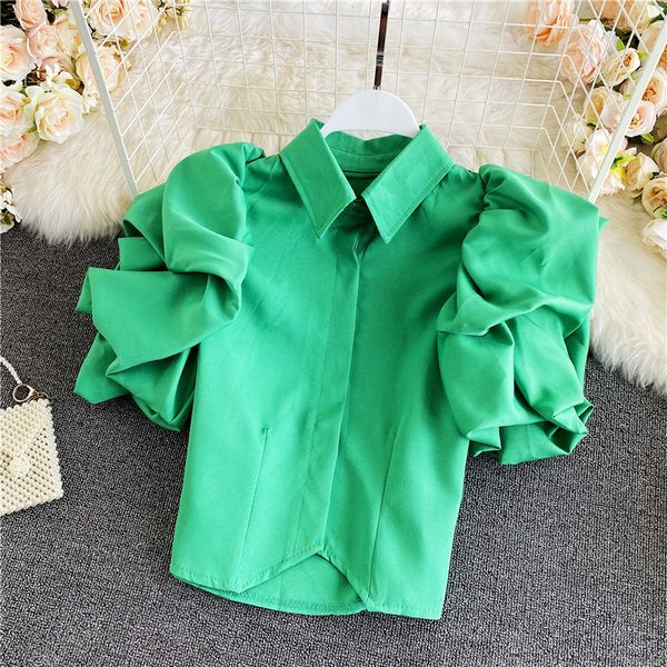 

sweaters vintage green/black/white blouse women casual turn-down collar puff short sleeve female slim shirts autumn new blusas, White;black