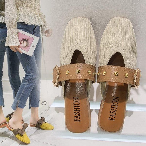 

net red baotou half slipper women's summer 2021 knitting wear fashion sandals bow fairy style slippers, Black