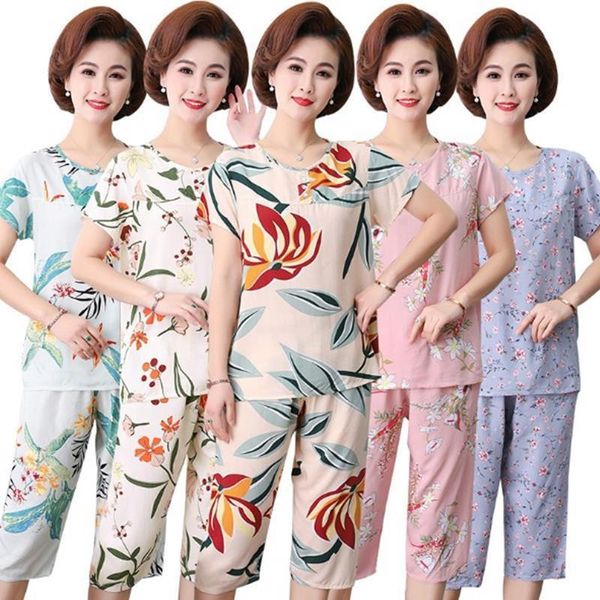 

middle aged mother pajamas women sleepwear summer cotton pyjamas short sleeved suit lounge home clothes linen loose pijama set l, Black;red