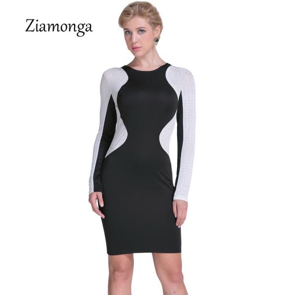 

casual dresses women autumn winter dress 2021 celebrity o-neck long sleeve bodycon mesh patchwork rivet ladies party bandage c2678, Black;gray