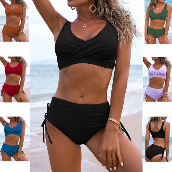 

one-piece suits 2021 solid color swimsuits two piece set women beach bikini swimsuit plus size swimwear