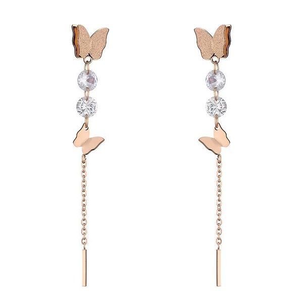 

dangle & chandelier little round crystal double butterfly long tassel stud earring hip hop punk stainless steel rhinestone earrings for wome, Silver