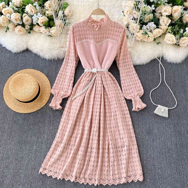 

singreiny french sweet hollow women dress stand collar puff sleeve elegant solid dress autumn korean a-line streetwear dresses 210419, Black;gray
