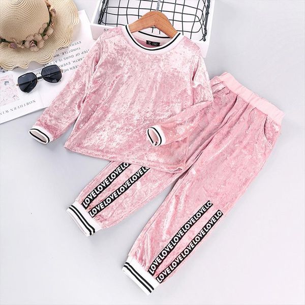

autumn childrens clothing for girls models european american gold velvet suit long sleeve sports two piece, White