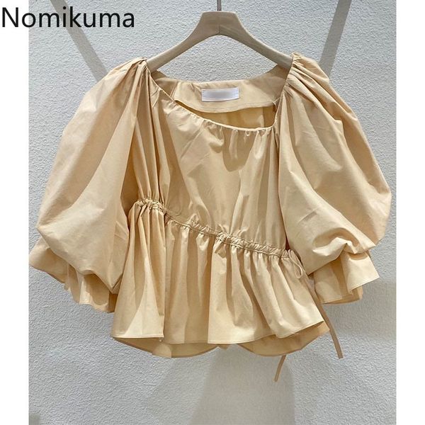 

nomikuma women blouses causal skew collar pleated sweet short shirt summer new lantern sleeve solid blusas feminimo 6g821 210427, White