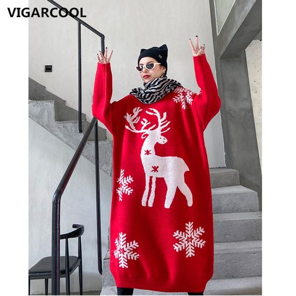 

women's sweaters christmas sweater women red elk snowflake super fire large size long autumn and winter knee-length loose coat, White;black