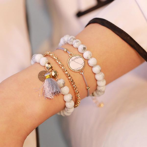 

link, chain 4pc bohemian style woman's beaded tassel bracelet set marble pattern ethnic travel holiday personality wild accessories, Black