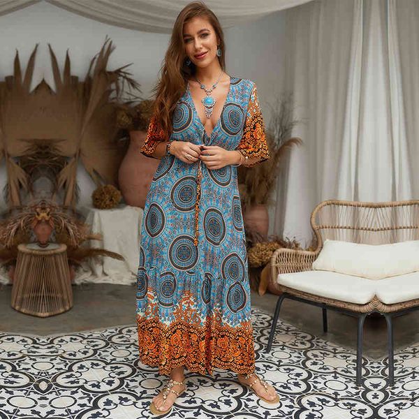 

bohemian half sleeve long print women deep v neck high waist new casual summer beach dress female, Black;gray