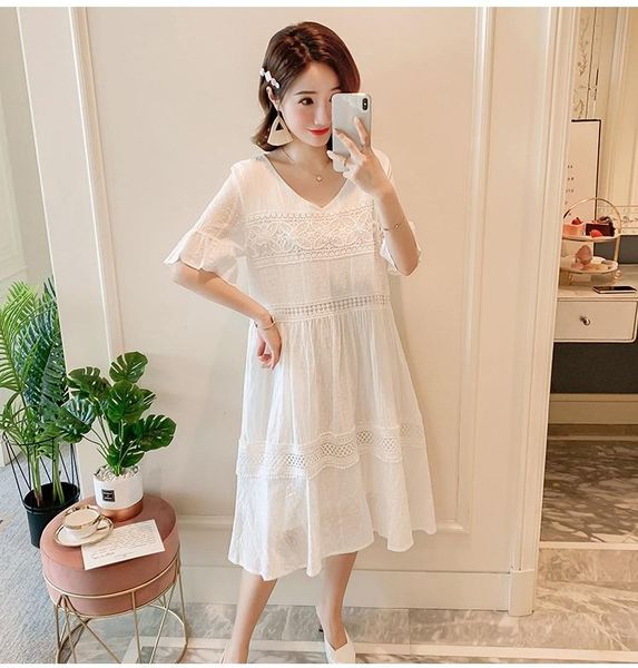 

maternity dresses summer fashion dress round neck solid color lace over knee length, White