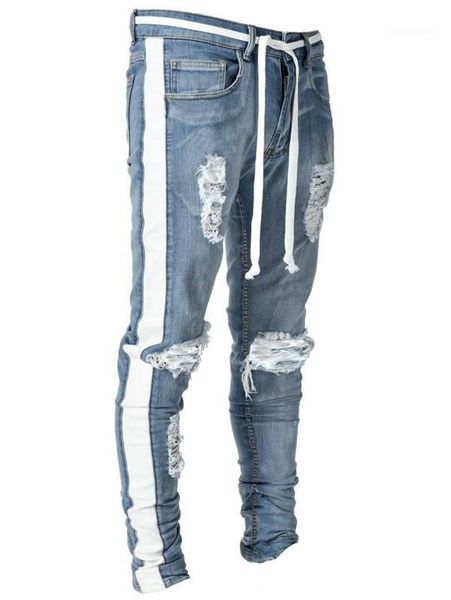 

men's jeans skinny ripped men pants pencil biker side striped destroyed hole hip hop slim fit man stretchy jean print, Blue