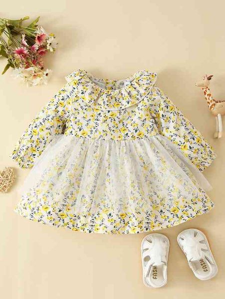 

baby floral print contrast mesh bishop sleeve ruffle trim dress she, Red;yellow