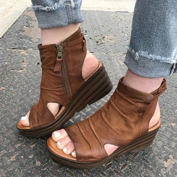 

dress shoes women sandals zipper platform wedges open toe solid color hollow out ladies summer fashion casual female footwear, Black