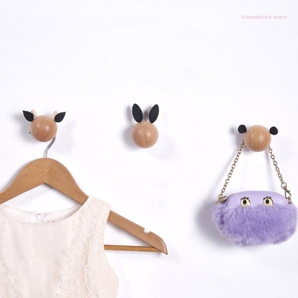 

hooks & rails hx6d 3 pcs cute round wooden wall hanging hook with double ears self-adhesive decor creative door no trace