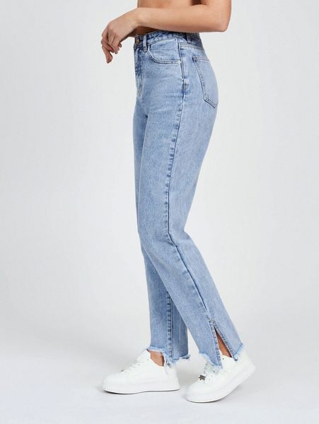 

tall high waist slit raw hem jeans l6ar#, Blue