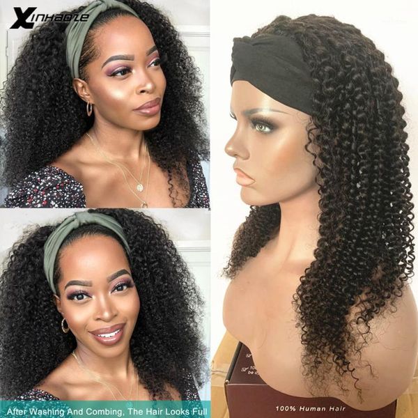 

kinky curly headband scarf wig glueless human hair for african american women affordable beginner friendly xinhaoze1, Black;brown