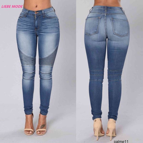 

wholesale- american style womens stretch biker pleated pencil pants skinny push up jeans woman autumn spring blue jean slim 9kjj