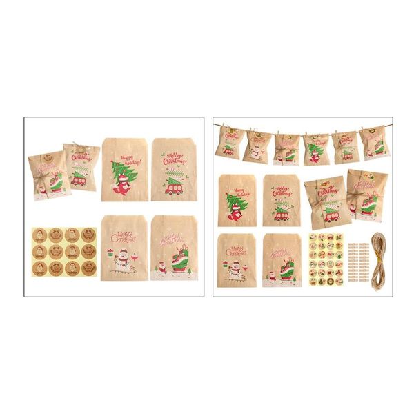 

Christmas Decorations Kraft Paper Gift Bags With Stickers Assorted Cartoon Santa Snowman Print Goodie Candy Treat Pouch Xmas Favors 50LB