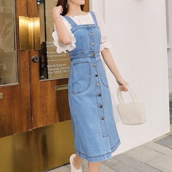 

casual dresses high street women denim straps dressed mid-dressed single-calf breasted to-line high waist high-waisted summer dress casual f, Black;gray