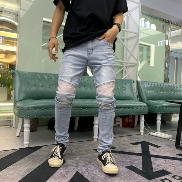 

off am light blue pleated leather zipper jeans for men and women