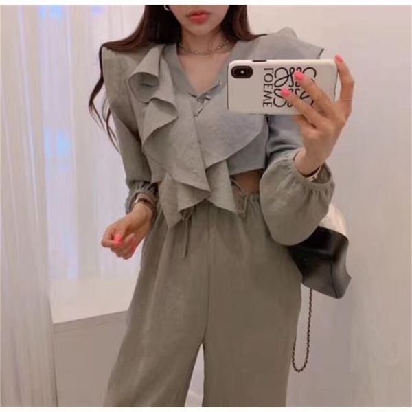 

genayooa solid set and pants long sleeve tracksuits ladies casual two piece outfits for women blouses korean 210417, White