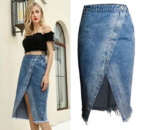 

skirts women denim midi skirt split ladies jean knee-length office zipper, Black