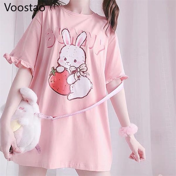 

summer japanese women cute lolita pink t-shirts kawaii strawberry bunny graphic ruffles short sleeve girl rabbit tee tshirt, White