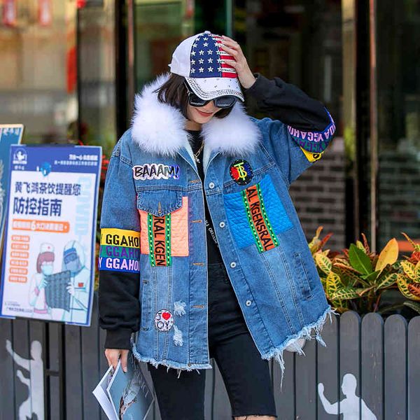 

jackets european station heavy industry beaded denim jacket women plus velvet thick large fur collar loose mid-length cotton-padded coat, Black;brown